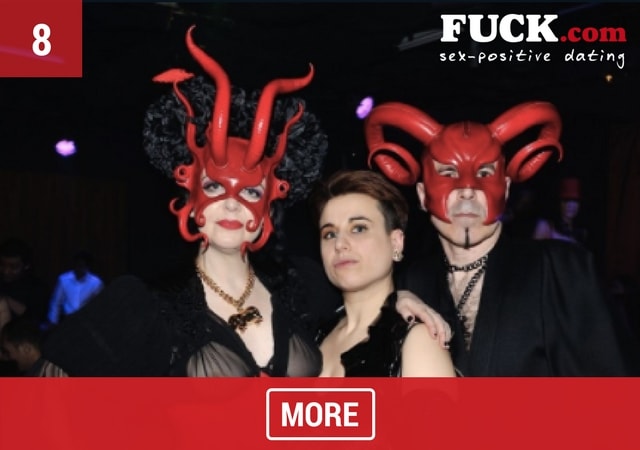 3 people at a Subversion party wearing fetish clothing and masks. Popcorn.dating