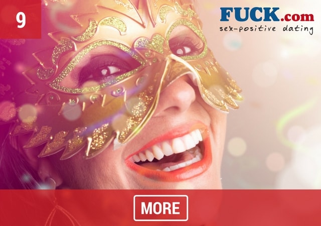 Brunette woman wearing a carnival mask. Popcorn.dating