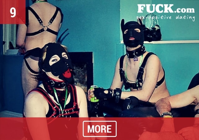 Three attendees in fetish wear at a KINK party. Popcorn.dating